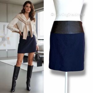 GAP Navy Blue Wool Blend & Genuine Leather Mini Skirt Academia Preppy